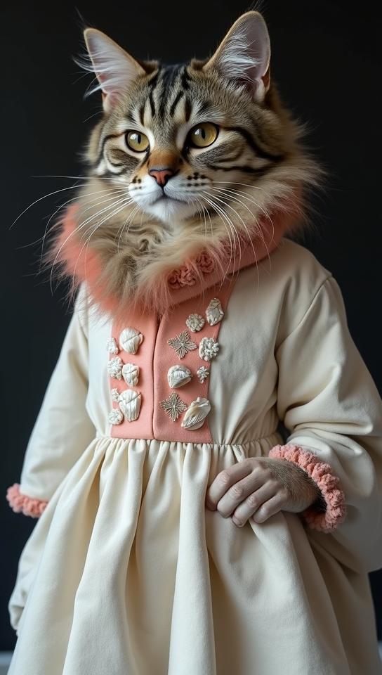 by Gregory Colbert Gertrude K sebier , Fashion photography of a Norwegian Forest Cat , it is dressed in fashion outfit, The fashion outfit is White and Coral and has Tortoise shell embroidery on it