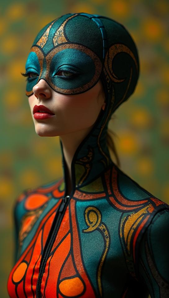 by Ettore Sottsass, Fashion photography of a noir Damselfly, wearing fashion outfit, shallow depth of field