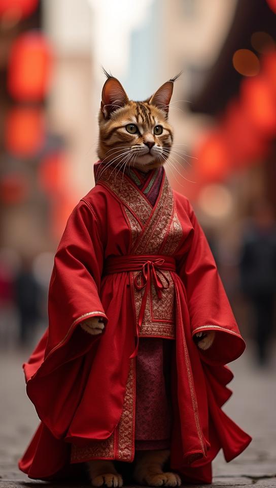 Fashion photography of a Natural Japanese Bobtail Cat , it is wearing its Song Dynasty fashion outfit, its fashion outfit is deep red, cityscape