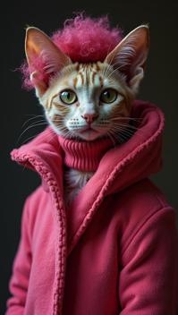 Fashion photography of a Devon Rex Cat, Astonishing and Harsh, wearing fashion outfit, The fashion outfit is Pink crested