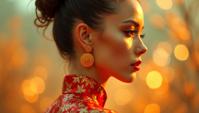 by Slim Aarons and Martin Stranka, Fashion photography of a Furious Atomic Age Female Gorn , she is wearing Chinoiserie fashion outfit, her fashion outfit is copper