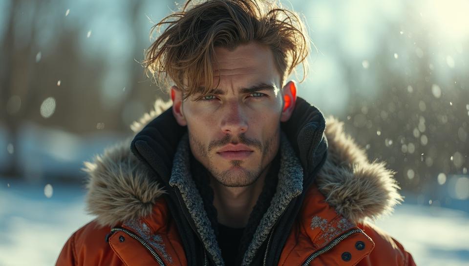 Fashion photography of a Masculine Exhausted Cyberpunk Marcus, wearing Cyberpunk fashion outfit, Winter, industrial aesthetics