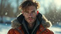 Fashion photography of a Masculine Exhausted Cyberpunk Marcus, wearing Cyberpunk fashion outfit, Winter, industrial aesthetics