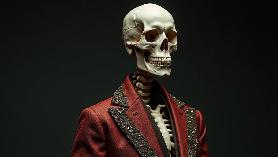 Fashion photography of a Male Skeleton , the Skeleton is wearing traditional Tovarisch fashion outfit, his fashion outfit is Magnificent, art by Henriette Grindat
