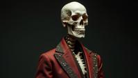 Fashion photography of a Male Skeleton , the Skeleton is wearing traditional Tovarisch fashion outfit, his fashion outfit is Magnificent, art by Henriette Grindat