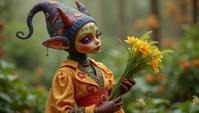 Fashion photography of a Female Homunculus , Gardening, she is wearing a fashion outfit, her fashion outfit is Colorful