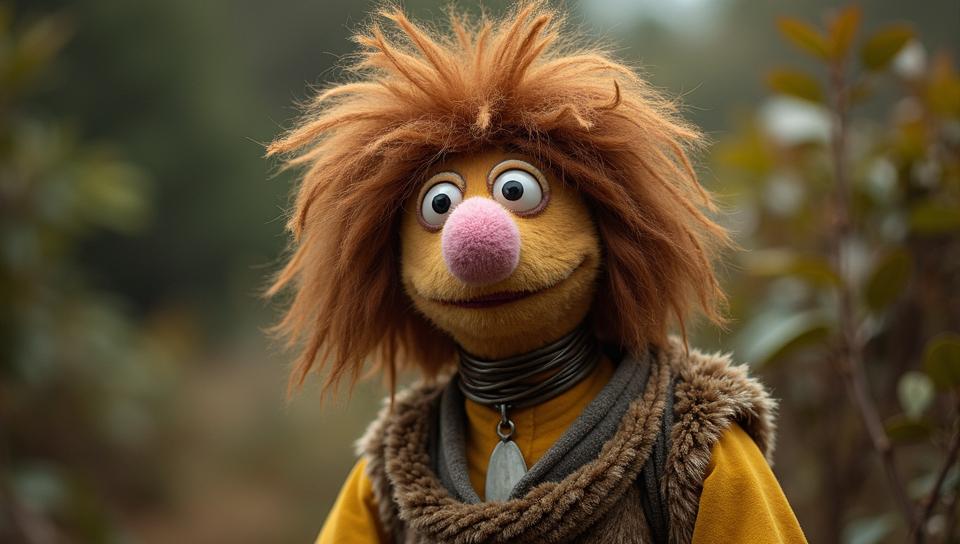 Fashion photography of a Leonardo da Vinci, wearing Muppet fashion outfit, his hair is Chestnut, White and Slate Gray Harness