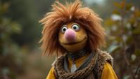 Fashion photography of a Leonardo da Vinci, wearing Muppet fashion outfit, his hair is Chestnut, White and Slate Gray Harness