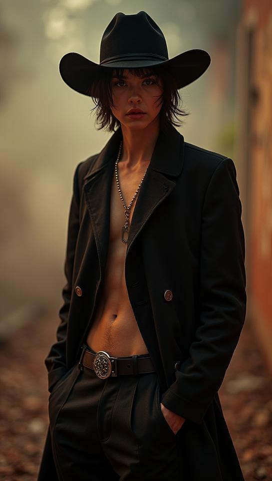 Fashion photography of a Handsome slender Masashi, , Cowboy, the Cowboy is wearing a fashion outfit
