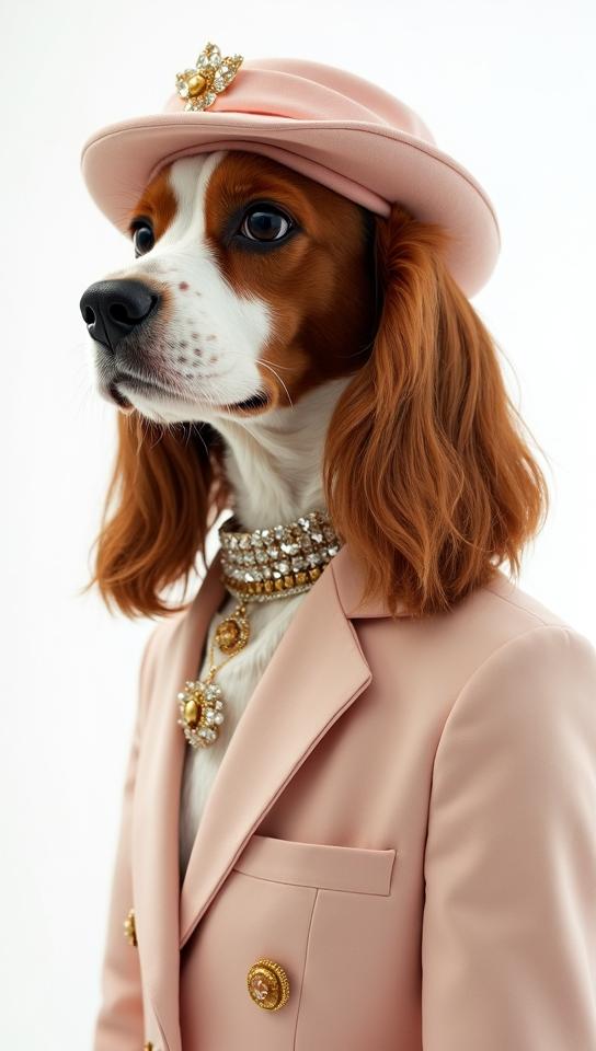 Fashion photography of an elegant, gorgeous Female Argonian , dressed in Cavalier King Charles Spaniel style fashion outfit, stylized by Ruth Orkin