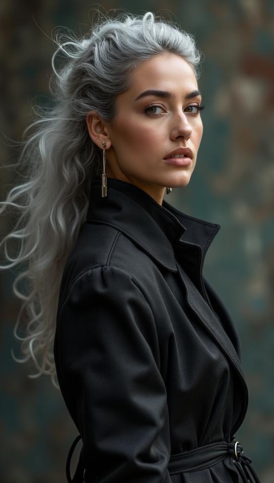 Fashion photography of a Sarita, dynamic, dressed in fashion outfit, Gray hair styled as Drill