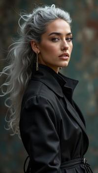 Fashion photography of a Sarita, dynamic, dressed in fashion outfit, Gray hair styled as Drill