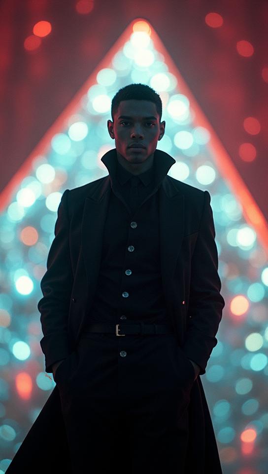 Fashion photography of a charming Man Marshal, wearing noir fashion outfit, inside an ethereal Pyramid, Bokeh