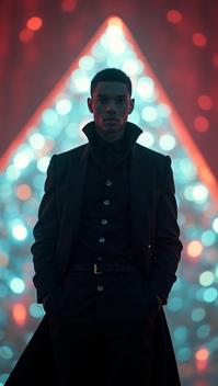 Fashion photography of a charming Man Marshal, wearing noir fashion outfit, inside an ethereal Pyramid, Bokeh