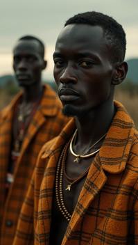 Fashion photography of a slight Rwandan men , very alluring, one of them is dressed in a Bantu fashion outfit that was inspired by ZARA, It is very charming