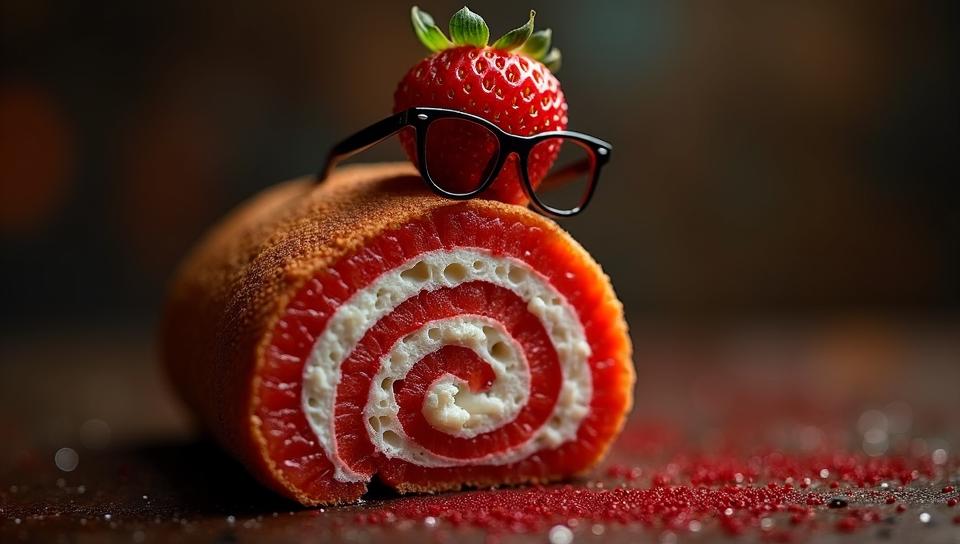 by Mike Campau , Food photography of a Hipster strawberry swiss roll, it is wearing a fashion outfit, detailed