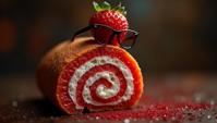 by Mike Campau , Food photography of a Hipster strawberry swiss roll, it is wearing a fashion outfit, detailed