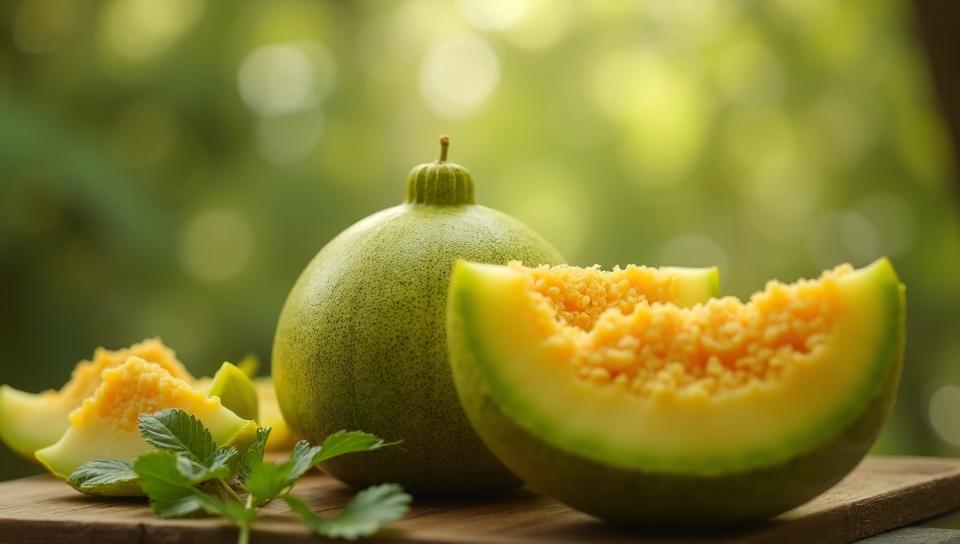 Food photography of a muskmelon, in a Neo Tokyo setting, Smoky Conditions, Bokeh