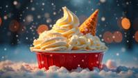 Food photography of a Pakistani ice cream float, Snowing, Beautifully Lit, Lomography Color