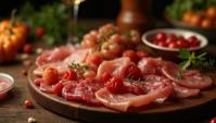 Food photography of a Charcuterie, Wide view, art by David Goldblatt, intimate and sensual portraits