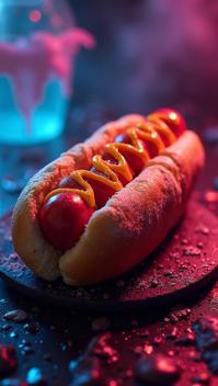 stylized by Lucien Clergue Julie Blackmon , Food photography of a Cyberpunk Art, Mysterious hot dog , covered in Graffiti