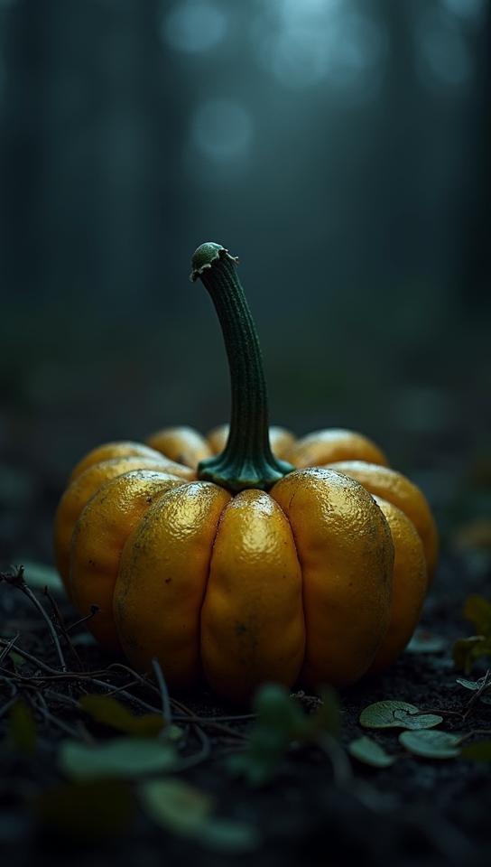 designed by Kees Scherer and Anne Brigman, Food photography of a Metallic pattypan squash, at Twilight, Horror