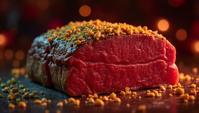 by Miles Aldridge, Food photography of a American beef , appealing, with Cheetah adornments