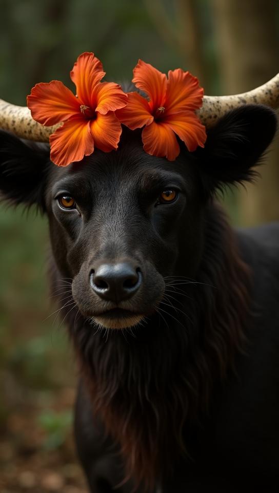 Horror photography of a Male Tauren Tom Jones , pretty Flower Crown, shallow depth of field, Fujifilm Neopan