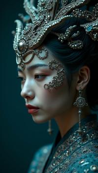 Horror photography of a traditional Yuan Dynasty Female Valkyrie, chin of Qi Shu, eyebrows of Lais Ribeiro, art by Ernst Haas