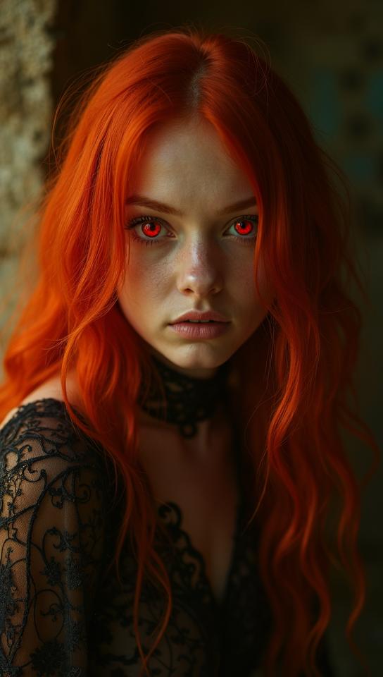 Horror photography of a Shaman Female Altmer, Ginger hair, cute Large Ruby Eyes, Canon d mark
