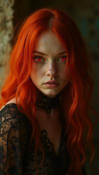Horror photography of a Shaman Female Altmer, Ginger hair, cute Large Ruby Eyes, Canon d mark