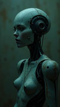 stylized by Tyler Shields, Horror photography of a short Female Robot, feeling melancholy, Grim