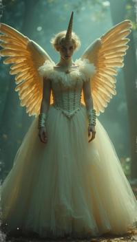 stylized by Jamie Heiden, Horror photography of a Noble Male Angel, dressed in Fantastical Gala dress, Unicorn horn
