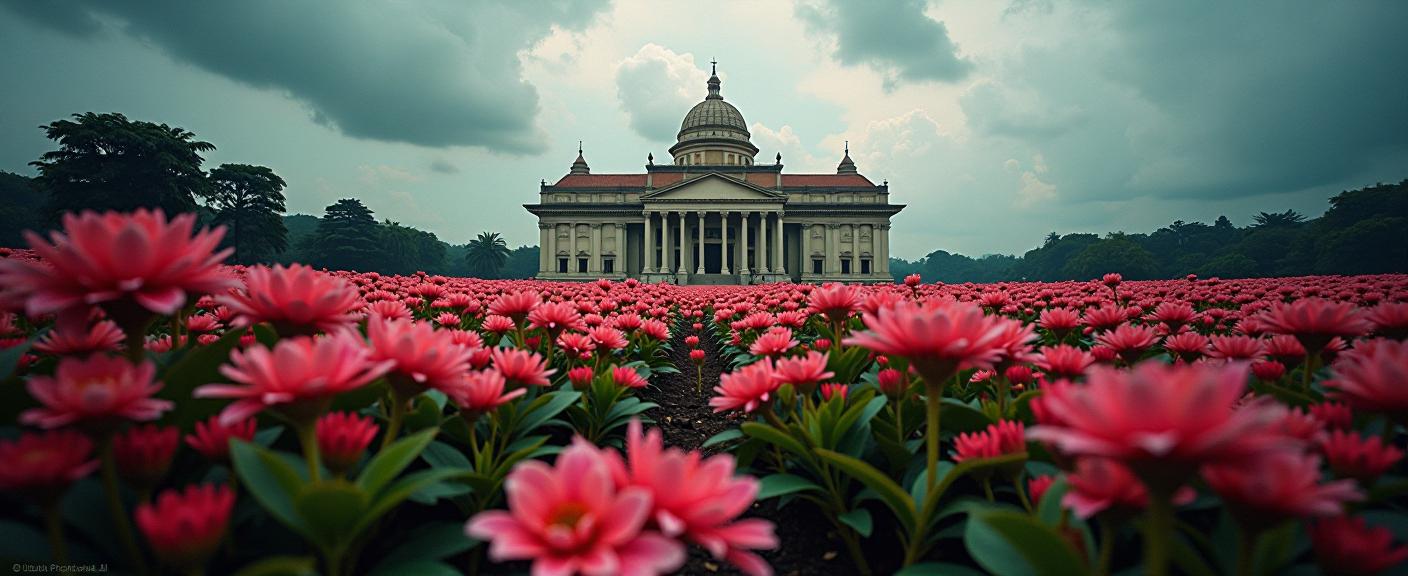 photograph, elegant, deep pink theme , cinematic shot of a Average Sprawling The Indonesian National Revolution