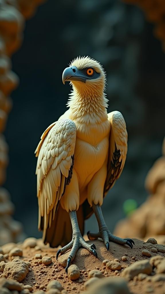 photograph, angle from below of a Light Lifeless White and Mustard Yellow Griffon Vulture , reimagned as a Mad Max movie character background is Sprawling Karthago, Plush dungeon with Pecan