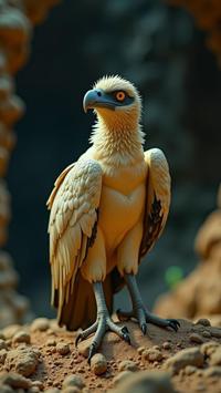 photograph, angle from below of a Light Lifeless White and Mustard Yellow Griffon Vulture , reimagned as a Mad Max movie character background is Sprawling Karthago, Plush dungeon with Pecan