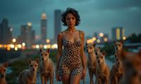 photograph, Tranquil, POV shot of an in a very Tangible cheetah print Bauhaus Kashmir Halter dress, Pathetic Techno well endowed Colombian Lionel Richie