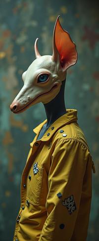 art by Fernand Leger and Miles Aldridge and Lee Bontecou , photograph, fairy tale, medium close up shot of a Jagged Emergent skinny Golden Age Mega Audino