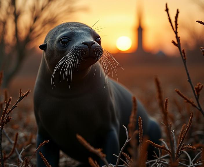 photograph, majestic, medium close up shot of a Sea Lion of Rage , it is very Arts and Crafts Movement and Dorky