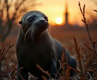 photograph, majestic, medium close up shot of a Sea Lion of Rage , it is very Arts and Crafts Movement and Dorky