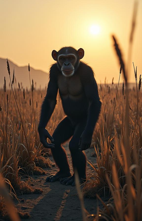 photograph, Goth Art, intricate details, full shot of a Sublime Cruel The Chimpanzee of Awe
