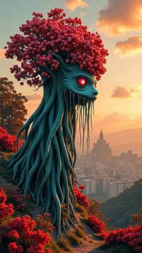 art by Nick Walker and Ben Hatke and Elihu Vedder and Sakimichan , photograph, fall hillside with Apple tree, surreal