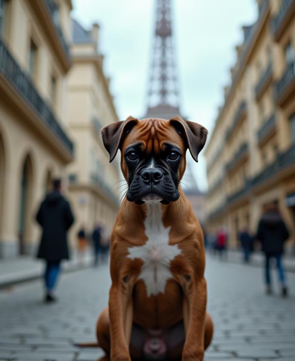 photograph, behance, medium shot of a Messy Talented Boxer Puppy , from inside of a Balanced The Eiffel Tower