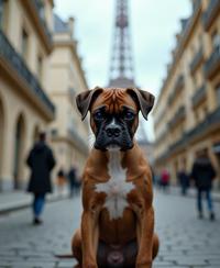 photograph, behance, medium shot of a Messy Talented Boxer Puppy , from inside of a Balanced The Eiffel Tower