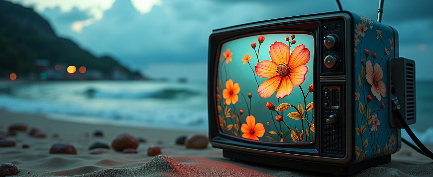 photograph, Cyberpunk Art, surreal, knee level shot of a Flowery Visionary Japanese Television