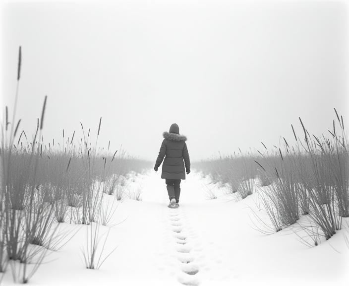 photograph, New Yorker cartoons, shot from behind of a Silent footfalls on fresh snow, a pristine path leading us to new beginnings and untrodden horizons