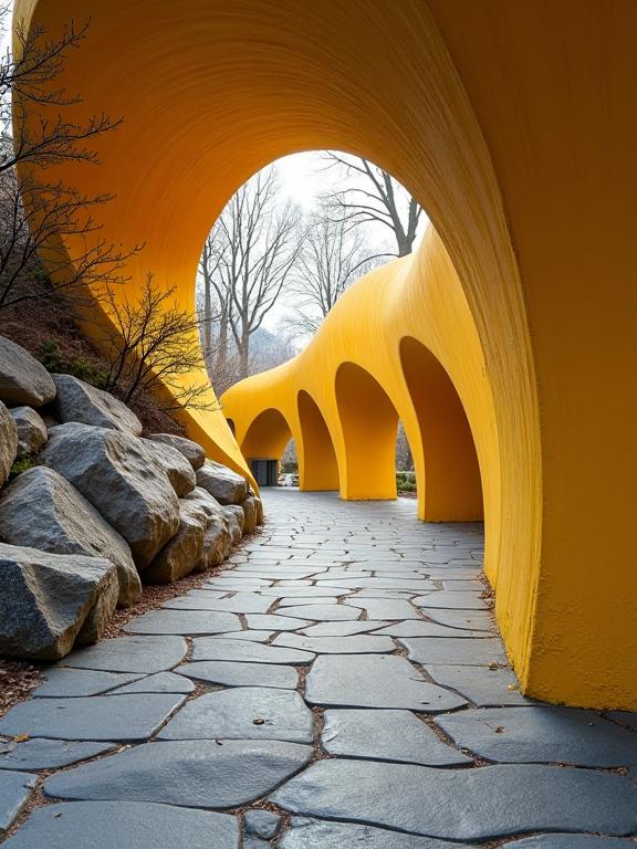 designed by Marianne von Werefkin and Yoshiyuki Tomino and Robert Bechtle , photograph, highly detailed, landscape of a Barbarian Misshapen Mustard Yellow and Slate Gray Holo Walkway from inside of a North Macedonia
