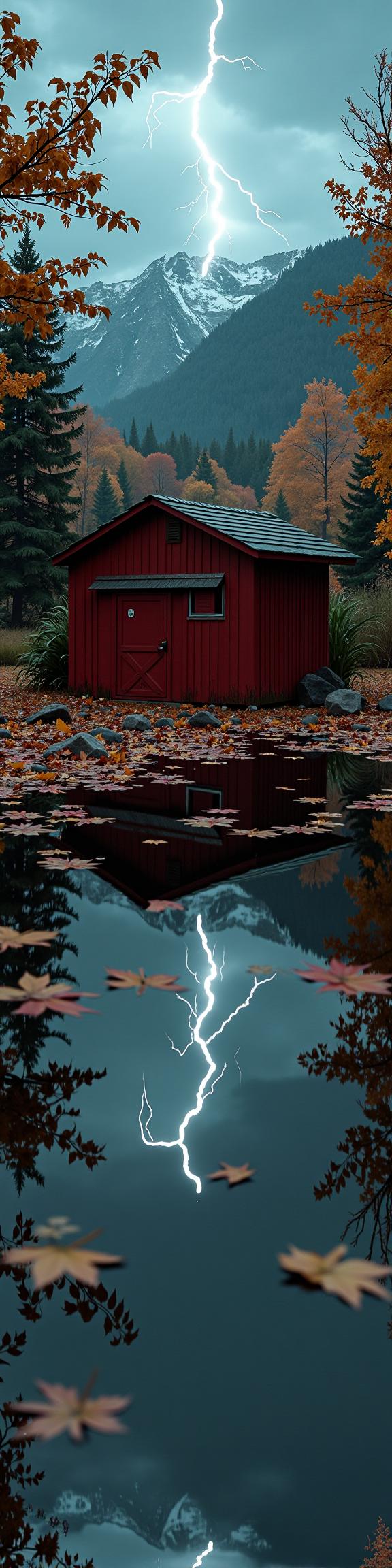 stylized by Lowell Herrero and Denis Villeneuve , photograph, fall pond and water, Crimson theme
