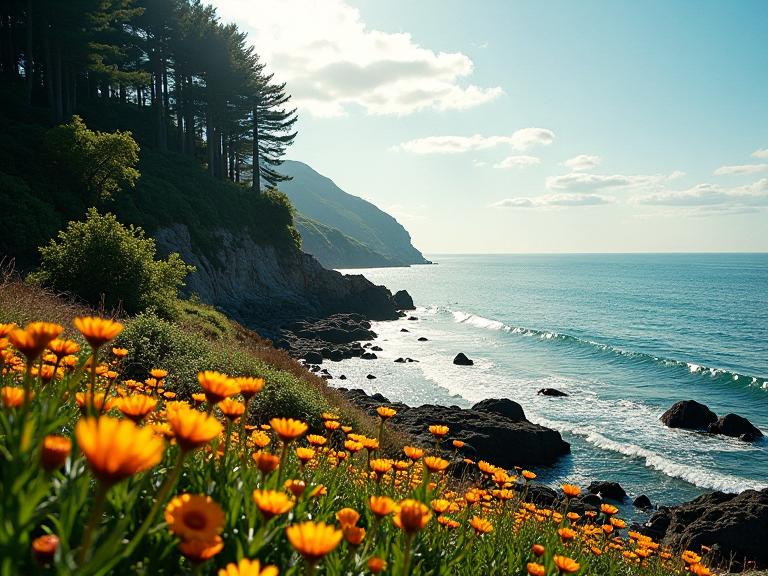 photograph, hyper detailed, landscape of a Untidy Basque Rocky Shoreline from inside of a Ancient cedar forest, desolate beach and flower field