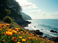 photograph, hyper detailed, landscape of a Untidy Basque Rocky Shoreline from inside of a Ancient cedar forest, desolate beach and flower field